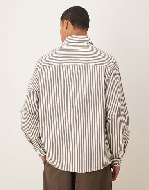 DESIGN Relaxed Poplin Shirt With Chest Embroidery In Brown Stripe