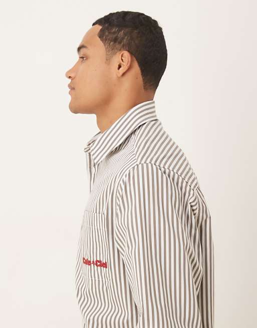 DESIGN Relaxed Poplin Shirt With Chest Embroidery In Brown Stripe