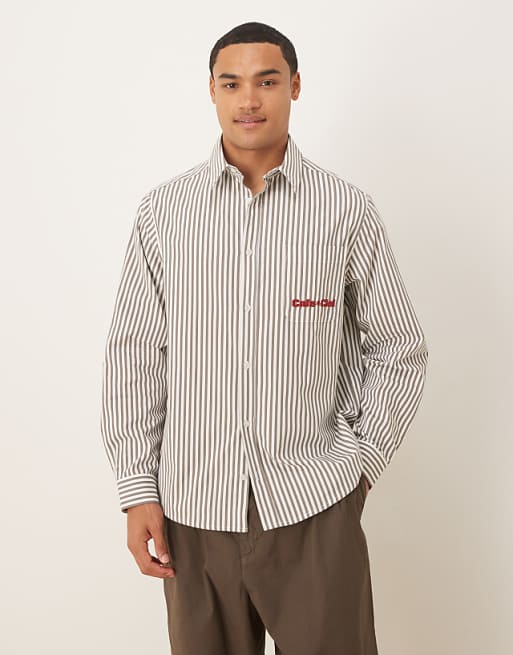 DESIGN relaxed poplin shirt with chest embroidery in brown stripe