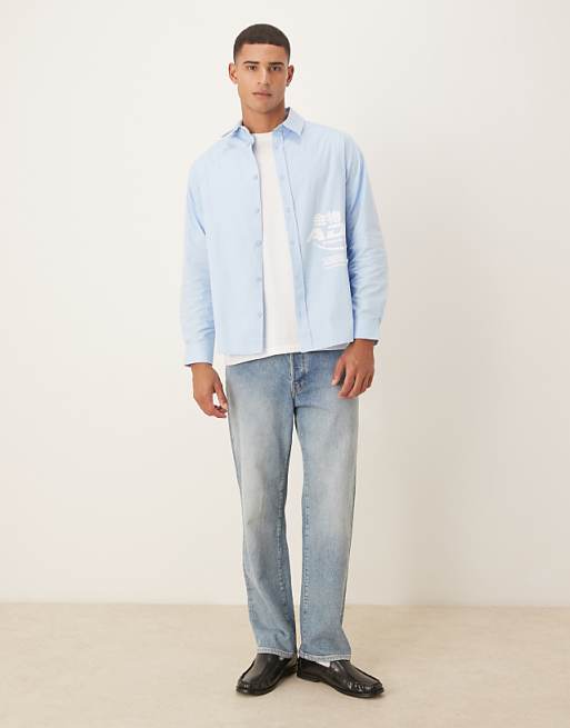 DESIGN Relaxed Poplin Shirt With Square Collar And Print In Blue