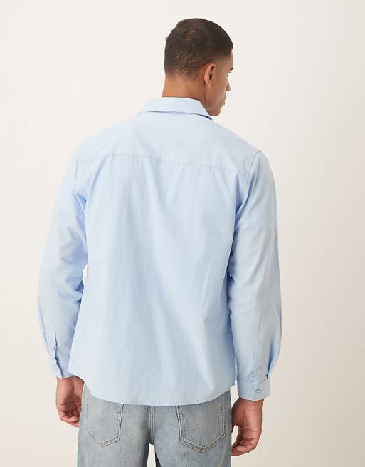 DESIGN Relaxed Poplin Shirt With Square Collar And Print In Blue