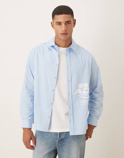 DESIGN relaxed poplin shirt with square collar and print in blue