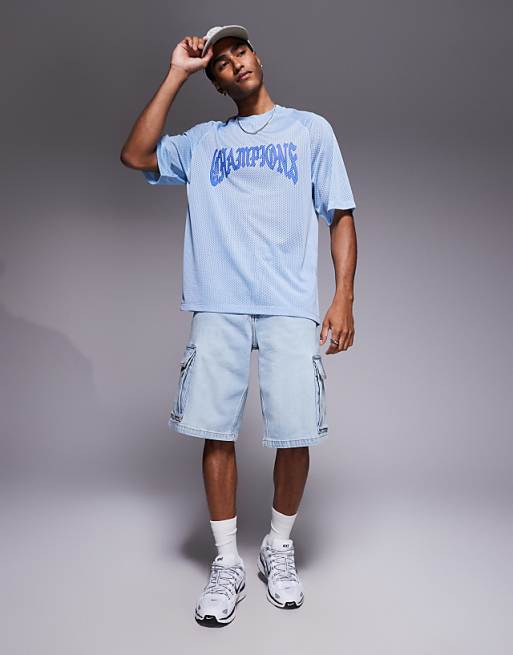 DESIGN Relaxed Raglan T-shirt With Champions Graphic In Blue Airtex