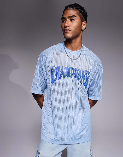 DESIGN relaxed raglan t-shirt with champions graphic in blue airtex