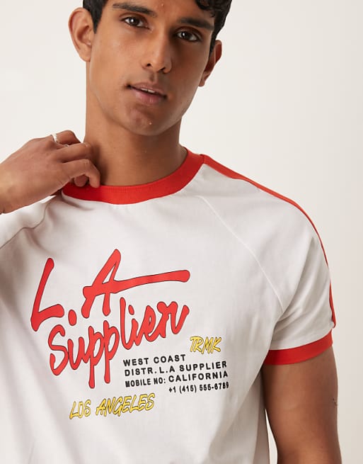 DESIGN Relaxed Raglan T-shirt With Contrast Collar And City Graphic In White