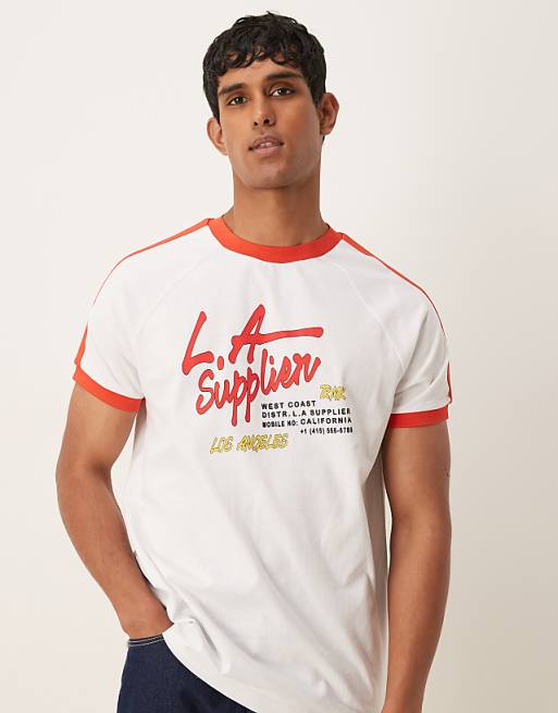 DESIGN relaxed raglan t-shirt with contrast collar and city graphic in white