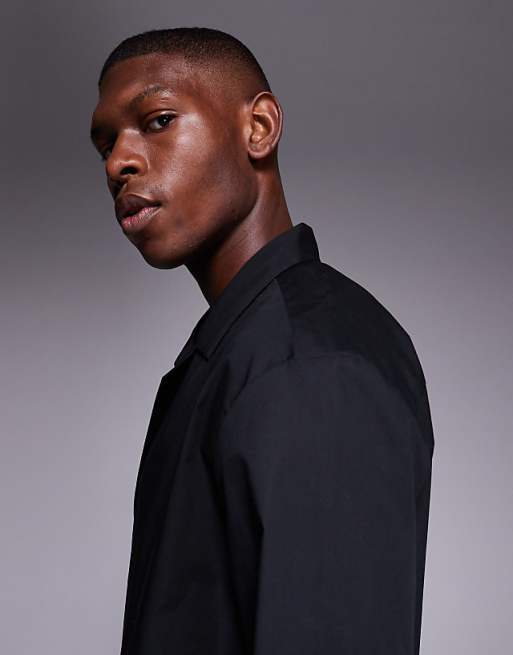 DESIGN Relaxed Revere Cross Over Shirt In Black