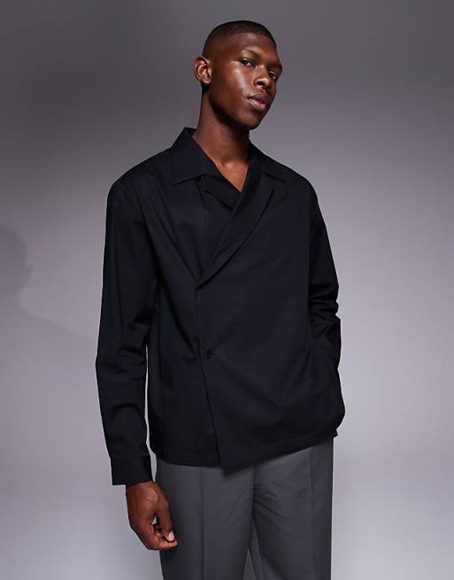 DESIGN relaxed revere cross over shirt in black