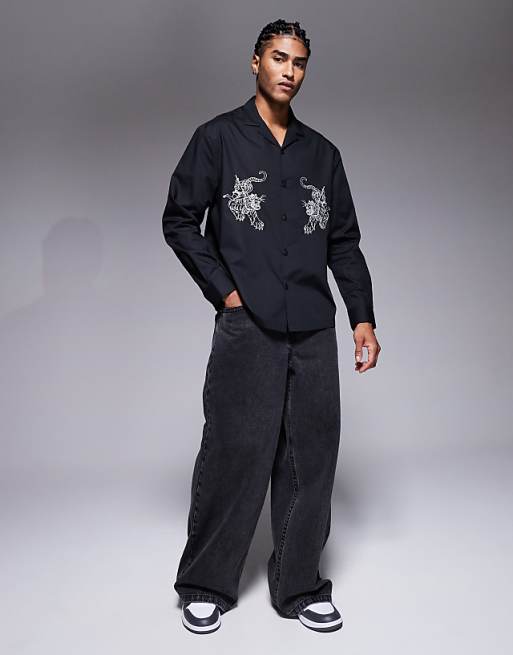 DESIGN Relaxed Revere Poplin Shirt With Embroidery In Black