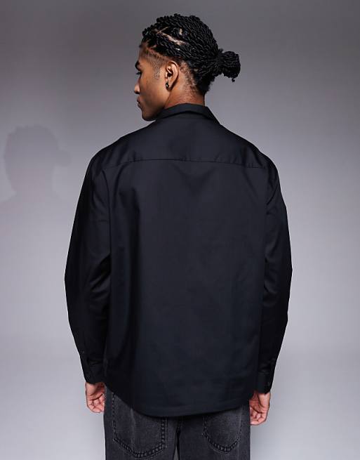 DESIGN Relaxed Revere Poplin Shirt With Embroidery In Black
