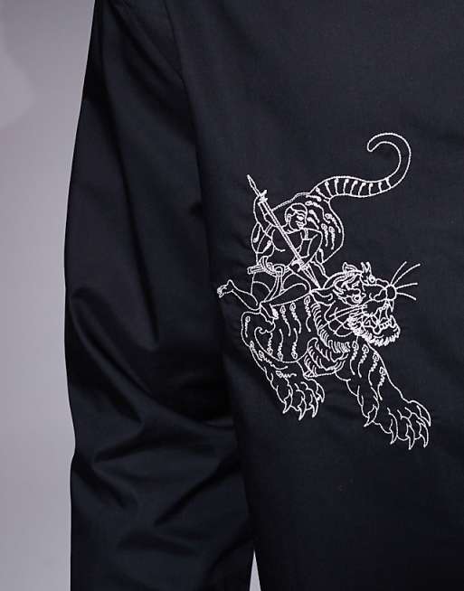 DESIGN Relaxed Revere Poplin Shirt With Embroidery In Black