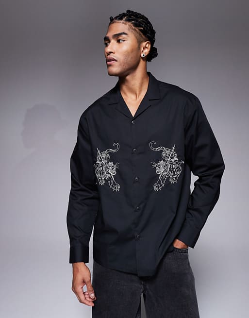 DESIGN relaxed revere poplin shirt with embroidery in black
