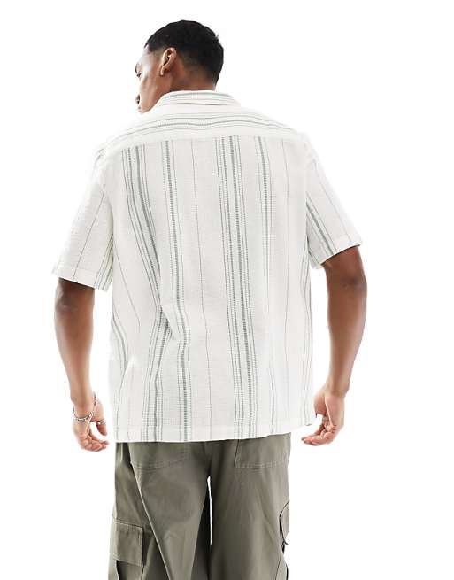 DESIGN Relaxed Revere Shirt In Basket Weave Stripe In Green And White