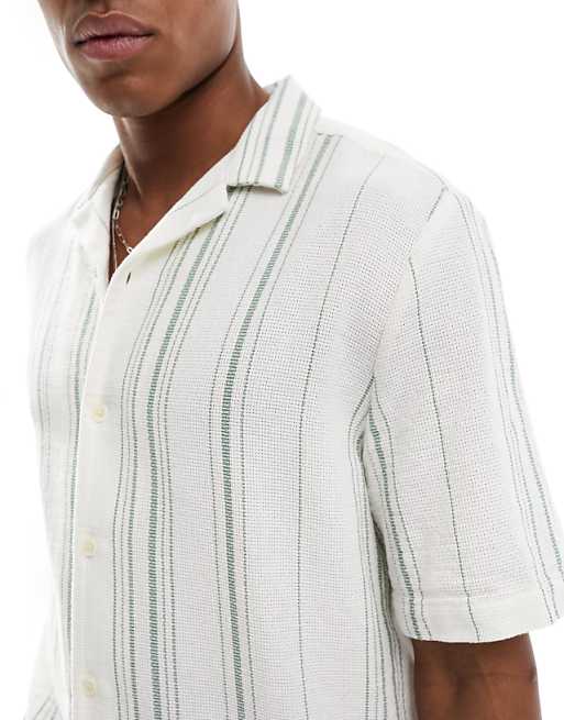 DESIGN Relaxed Revere Shirt In Basket Weave Stripe In Green And White