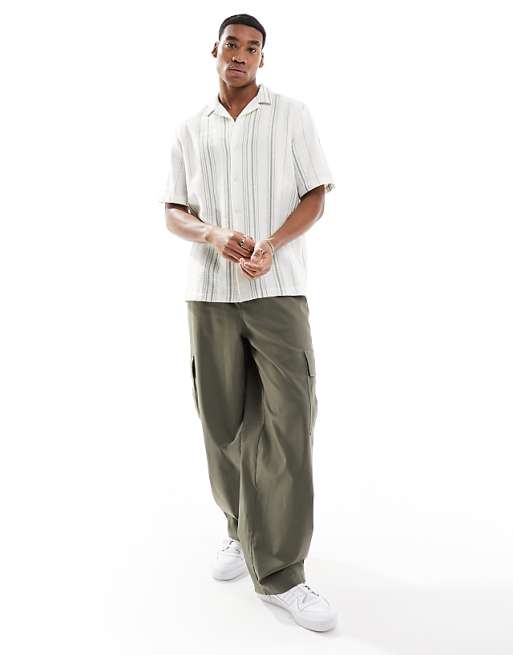 DESIGN Relaxed Revere Shirt In Basket Weave Stripe In Green And White
