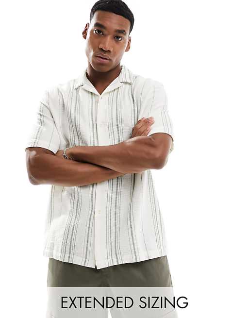 DESIGN relaxed revere shirt in basket weave stripe in green and white