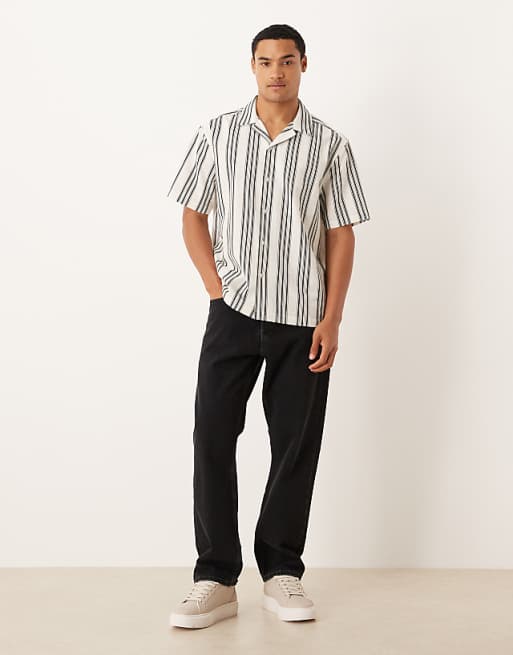 DESIGN Relaxed Revere Shirt In Beige And Black Stripe