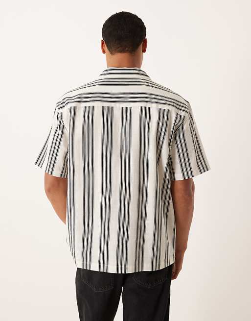 DESIGN Relaxed Revere Shirt In Beige And Black Stripe