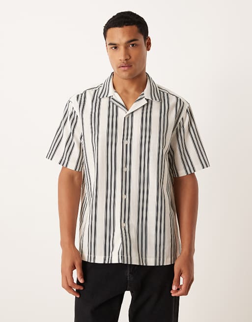 DESIGN relaxed revere shirt in beige and black stripe