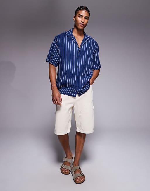 DESIGN Relaxed Revere Shirt In Navy Pinstripe