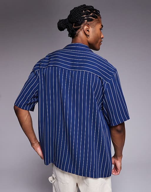 DESIGN Relaxed Revere Shirt In Navy Pinstripe