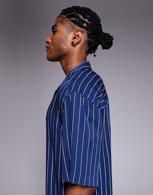 DESIGN Relaxed Revere Shirt In Navy Pinstripe