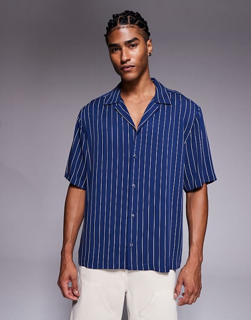 DESIGN relaxed revere shirt in navy pinstripe