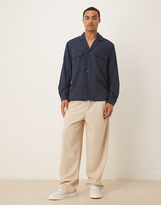 DESIGN relaxed revere shirt in navy