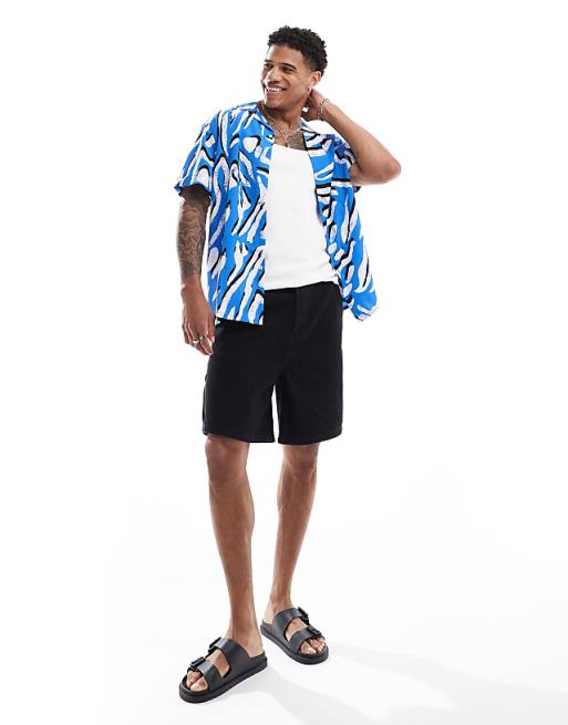 DESIGN Relaxed Revere Shirt With Animal Print In Blue