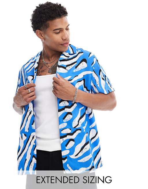 DESIGN relaxed revere shirt with animal print in blue