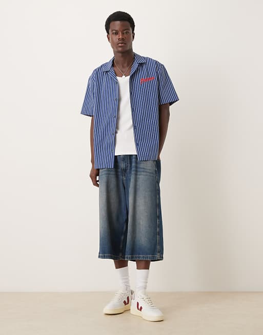 DESIGN Relaxed Revere Shirt With Chest Embroidery In Blue Stripe