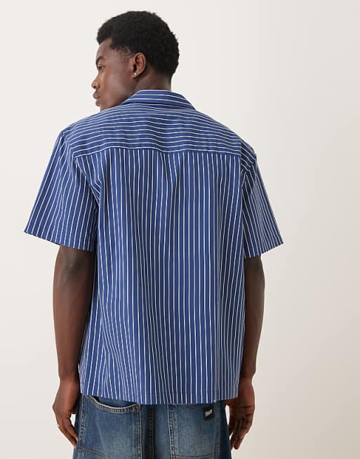 DESIGN Relaxed Revere Shirt With Chest Embroidery In Blue Stripe