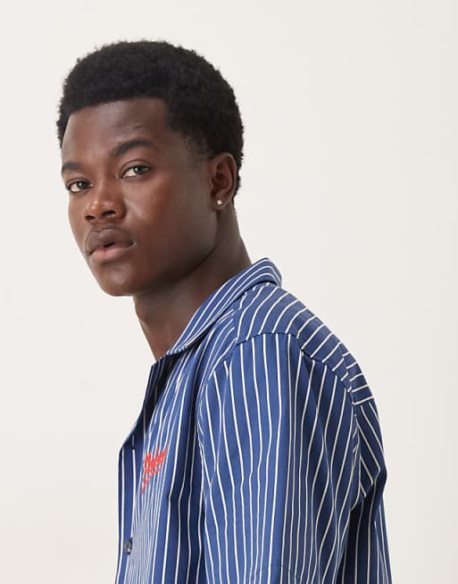 DESIGN Relaxed Revere Shirt With Chest Embroidery In Blue Stripe