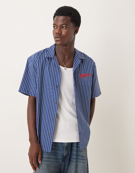 DESIGN relaxed revere shirt with chest embroidery in blue stripe