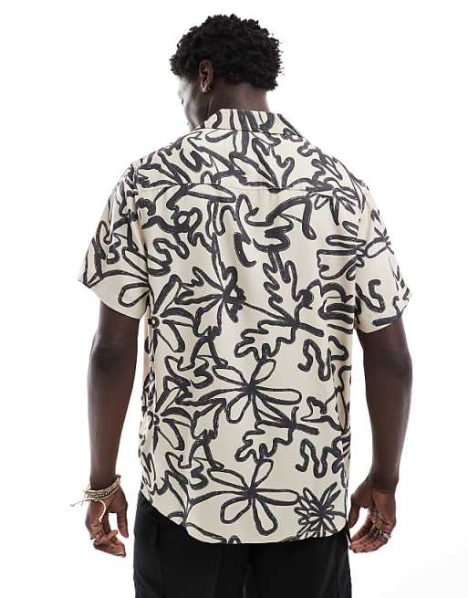 DESIGN Relaxed Revere Shirt With Floral Line Drawing