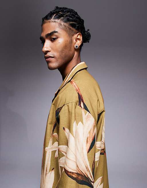 DESIGN Relaxed Revere Shirt With Floral Print In Khaki