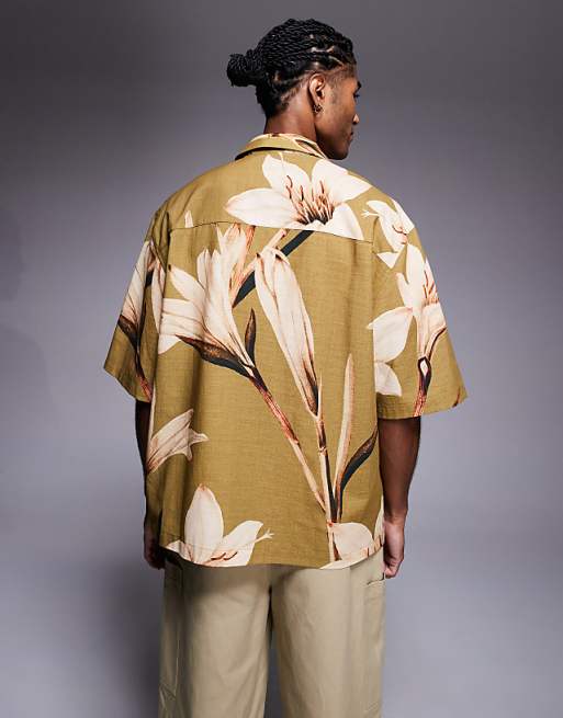 DESIGN Relaxed Revere Shirt With Floral Print In Khaki