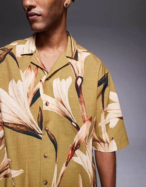 DESIGN Relaxed Revere Shirt With Floral Print In Khaki