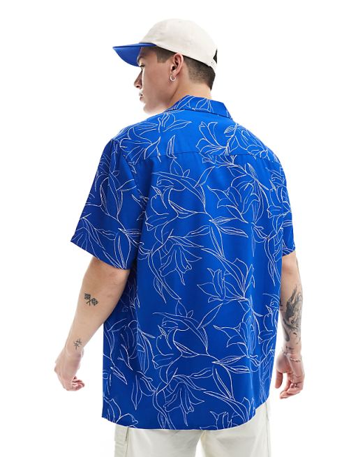 DESIGN Relaxed Revere Shirt With Floral Print In Blue