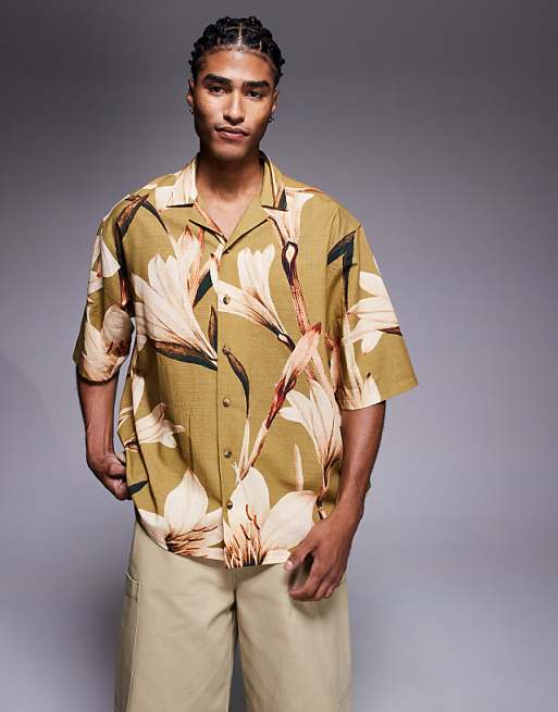 DESIGN relaxed revere shirt with floral print in khaki