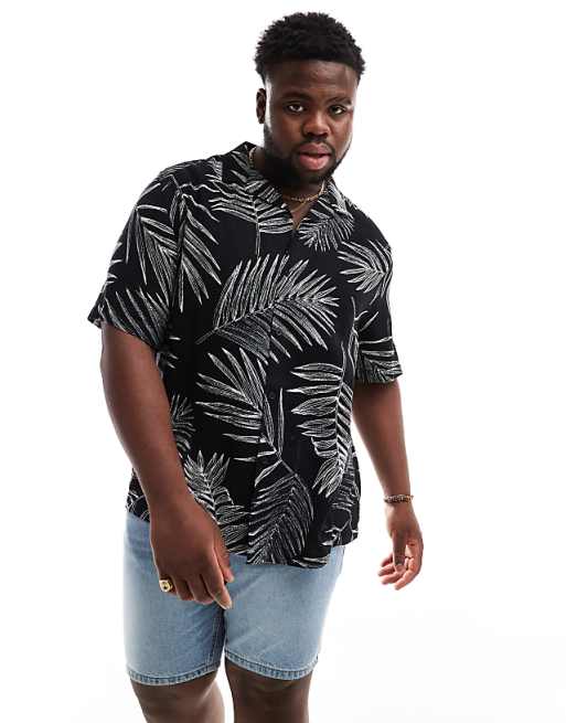 DESIGN Relaxed Revere Shirt With Leaf Print In Black