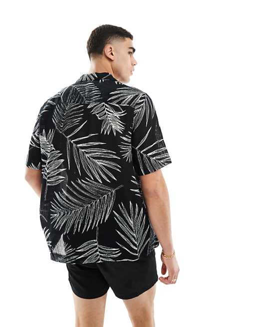 DESIGN Relaxed Revere Shirt With Leaf Print In Black
