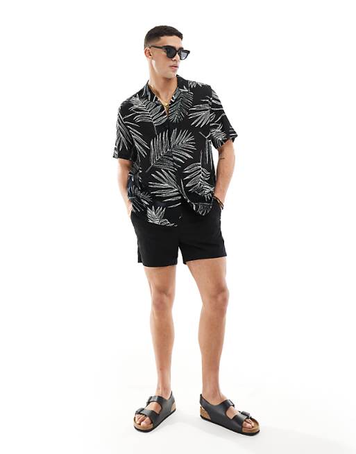 DESIGN Relaxed Revere Shirt With Leaf Print In Black