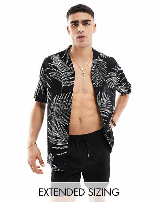 DESIGN relaxed revere shirt with leaf print in black