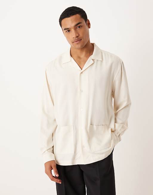 DESIGN relaxed revere shirt with pockets in cream