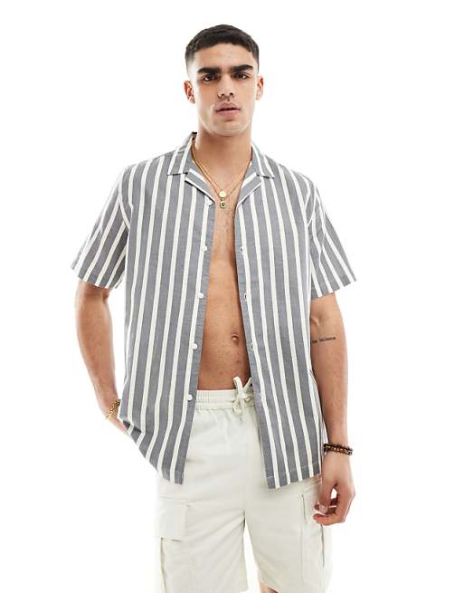 DESIGN relaxed revere stripe shirt in grey
