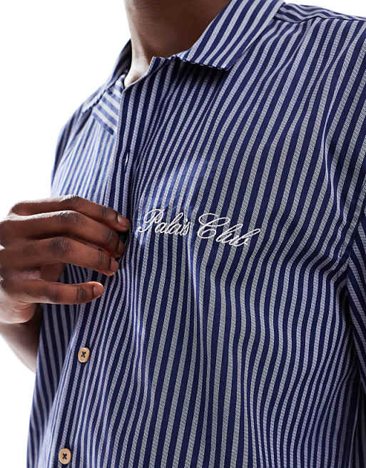 DESIGN Relaxed Revere Stripe Shirt With Chest Embroidery In Navy