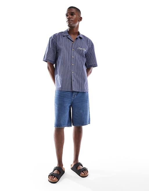 DESIGN Relaxed Revere Stripe Shirt With Chest Embroidery In Navy