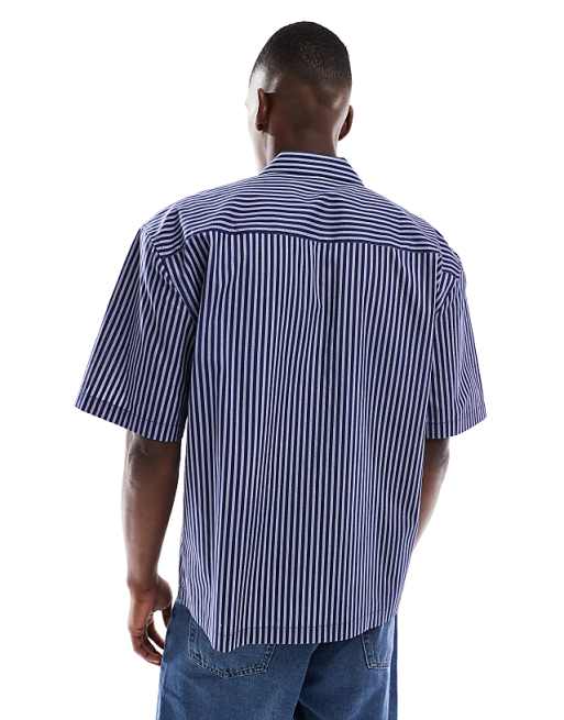 DESIGN Relaxed Revere Stripe Shirt With Chest Embroidery In Navy