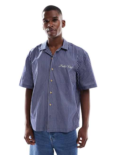 DESIGN relaxed revere stripe shirt with chest embroidery in navy